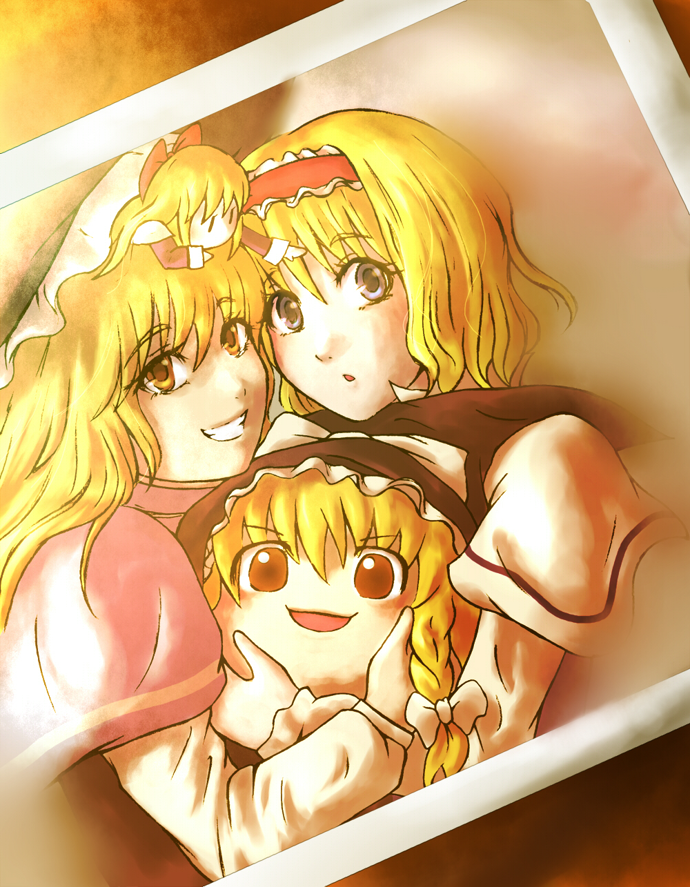 chikin watanabe raisu, alice margatroid, kirisame marisa, shanghai doll, touhou, highres, 4girls, blonde hair, female focus, multiple girls, photo (object), teeth, yukkuri shiteitte ne