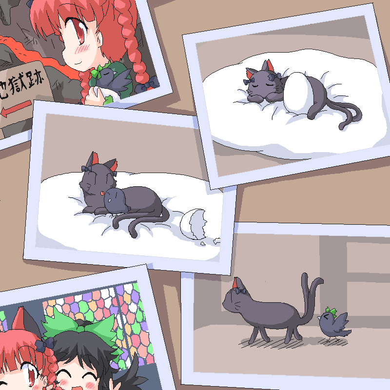 geetsu, kaenbyou rin, kaenbyou rin (cat), reiuji utsuho, reiuji utsuho (bird), touhou, 2girls, aged down, baby animal, bird, black bird, braid, broken egg, cat, chick, crow, egg, female focus, multiple girls, multiple tails, photo (object), tail, twin braids, two tails
