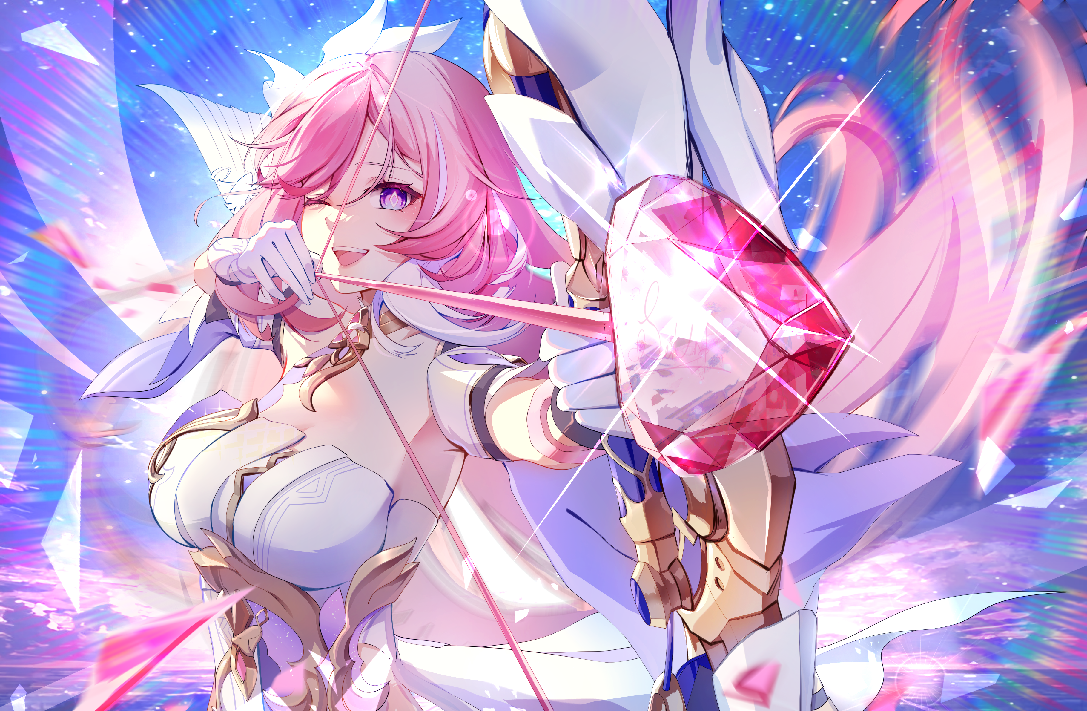 jingxinzhiyun, elysia (herrscher of human: ego) (honkai impact), elysia (honkai impact), honkai (series), honkai impact 3rd, absurdres, highres, revision, 1girl, arrow (projectile), bow (weapon), breasts, diamond-shaped pupils, diamond (shape), gloves, holding, holding arrow, holding bow (weapon), holding weapon, long hair, one eye closed, open mouth, pink eyes, pink hair, smile, solo, symbol-shaped pupils, teeth, upper body, upper teeth only, veil, weapon, white gloves, white veil