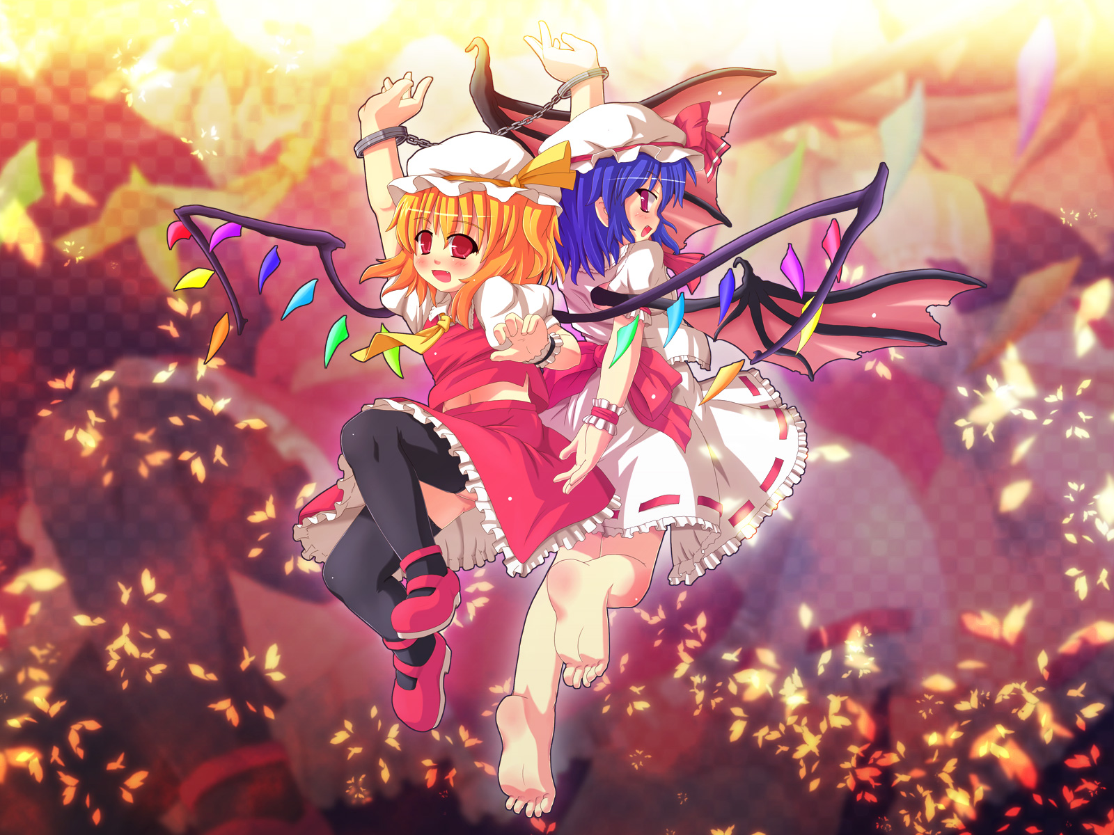 etogami kazuya, flandre scarlet, remilia scarlet, touhou, highres, 2girls, barefoot, chain, cuffs, feet, female focus, handcuffs, multiple girls, siblings, sisters, thighhighs, wings