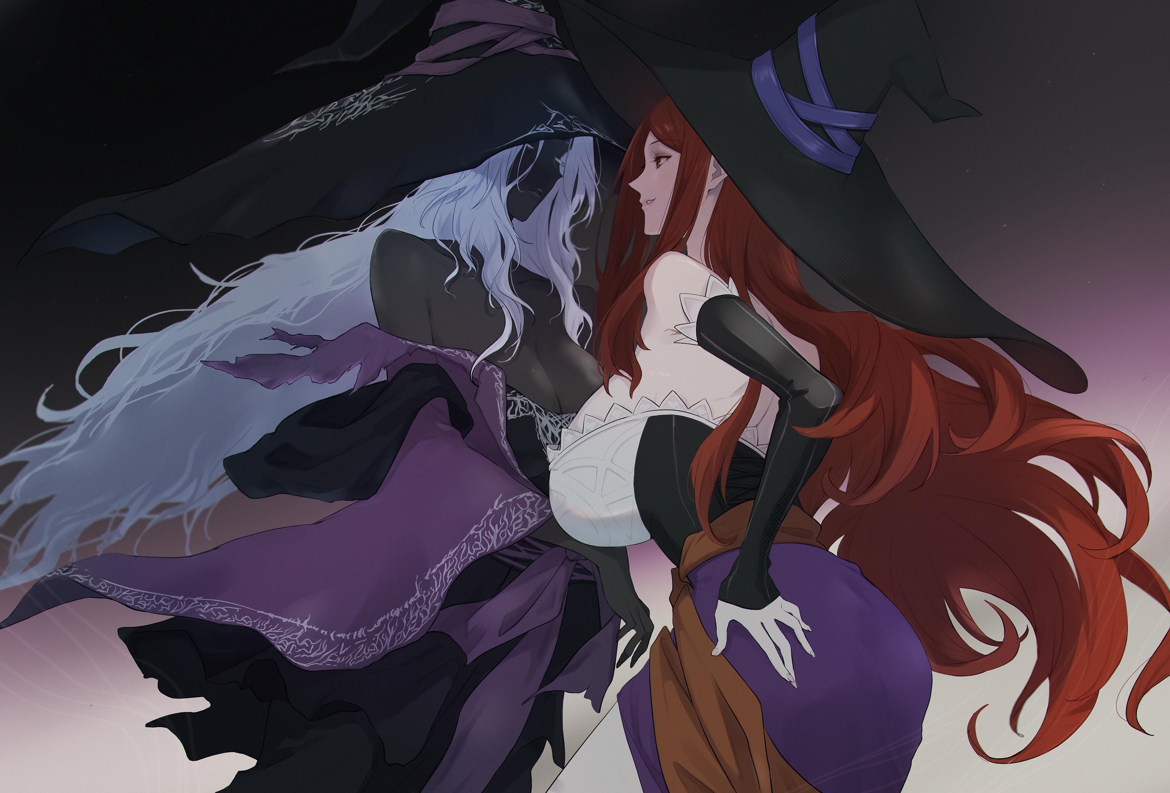 neu (musyoku-neet), recluse (elden ring), sorceress (dragon's crown), dragon's crown, elden ring, elden ring nightreign, absurdres, commentary, commission, english commentary, highres, pixiv commission, 2girls, bare shoulders, black dress, black hat, black sleeves, breasts, cleavage, colored eyelashes, cowboy shot, crossover, dark-skinned female, dark skin, detached sleeves, dress, hat, huge breasts, large hat, long hair, multiple girls, purple hat, purple sleeves, red hair, very dark skin, very long hair, white eyelashes, white hair, witch, witch hat