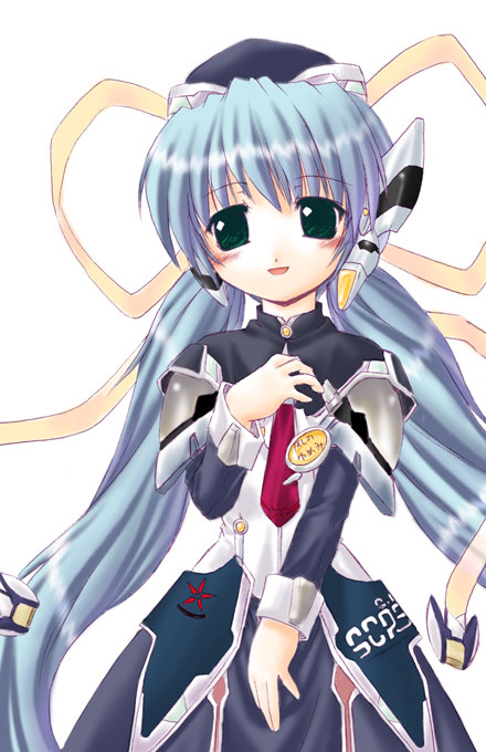 mizuna (water emp-tei), hoshino yumemi, planetarian, 00s, 1girl, blue hair, female focus, ribbon, simple background, smile, solo, yellow ribbon