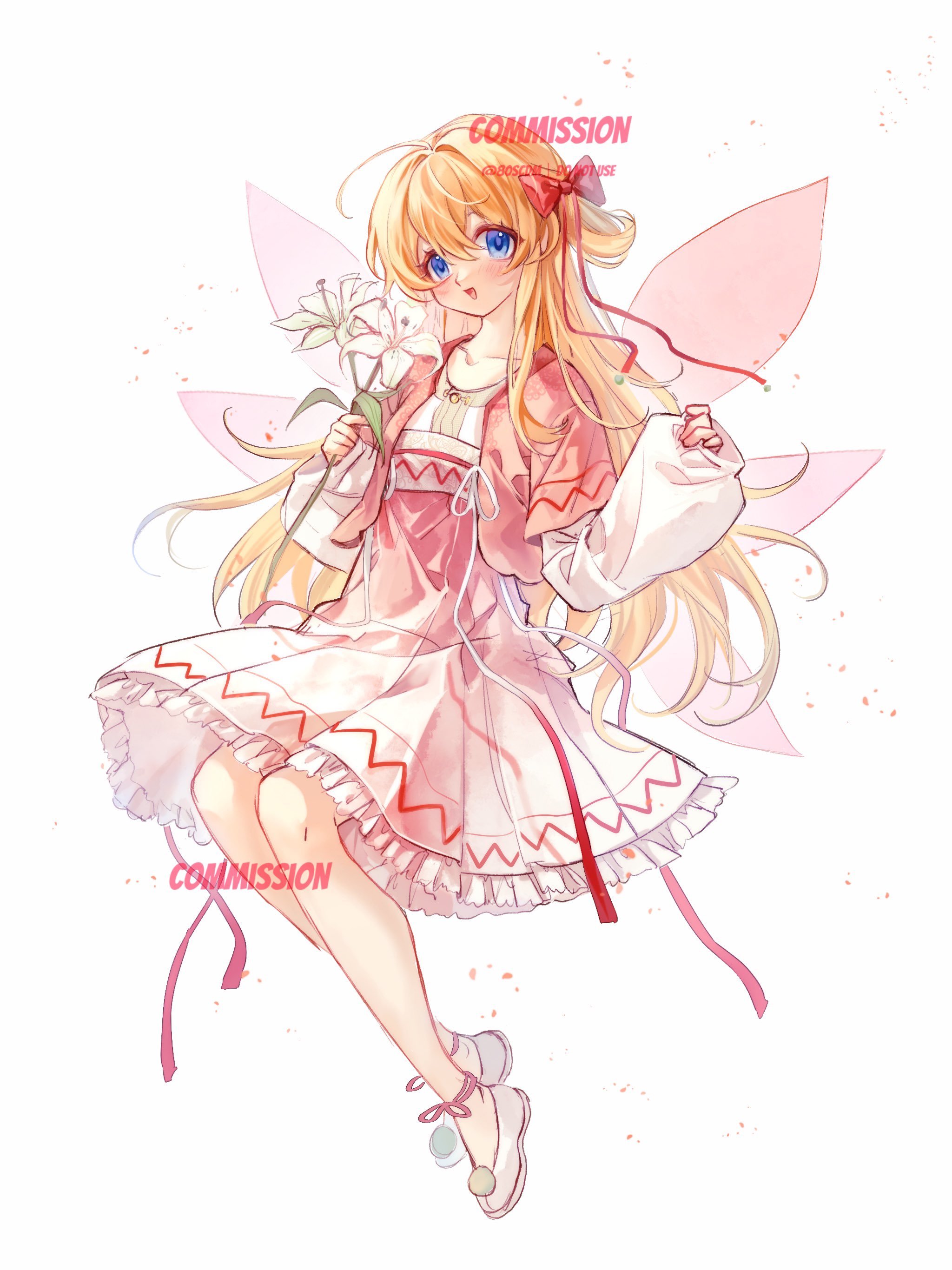80isiiii, lily white, touhou, absurdres, commentary, commission, highres, symbol-only commentary, 1girl, :d, alternate costume, blonde hair, blue eyes, bow, collarbone, dress, fairy wings, flower, full body, hair bow, holding, holding flower, jacket, layered sleeves, lily (flower), long hair, long sleeves, looking at viewer, open mouth, pink dress, pink jacket, puffy long sleeves, puffy sleeves, red bow, short over long sleeves, short sleeves, simple background, smile, socks, solo, very long hair, watermark, white background, white socks, wings