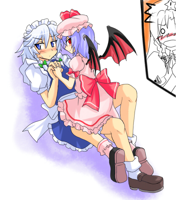 harukatron, hong meiling, izayoi sakuya, remilia scarlet, embodiment of scarlet devil, touhou, silver hair, 3girls, bat wings, blue eyes, blue hair, blush, dress, female focus, hairband, hat, maid, multiple girls, partially colored, red eyes, ribbon, short hair, white background, wings, yuri