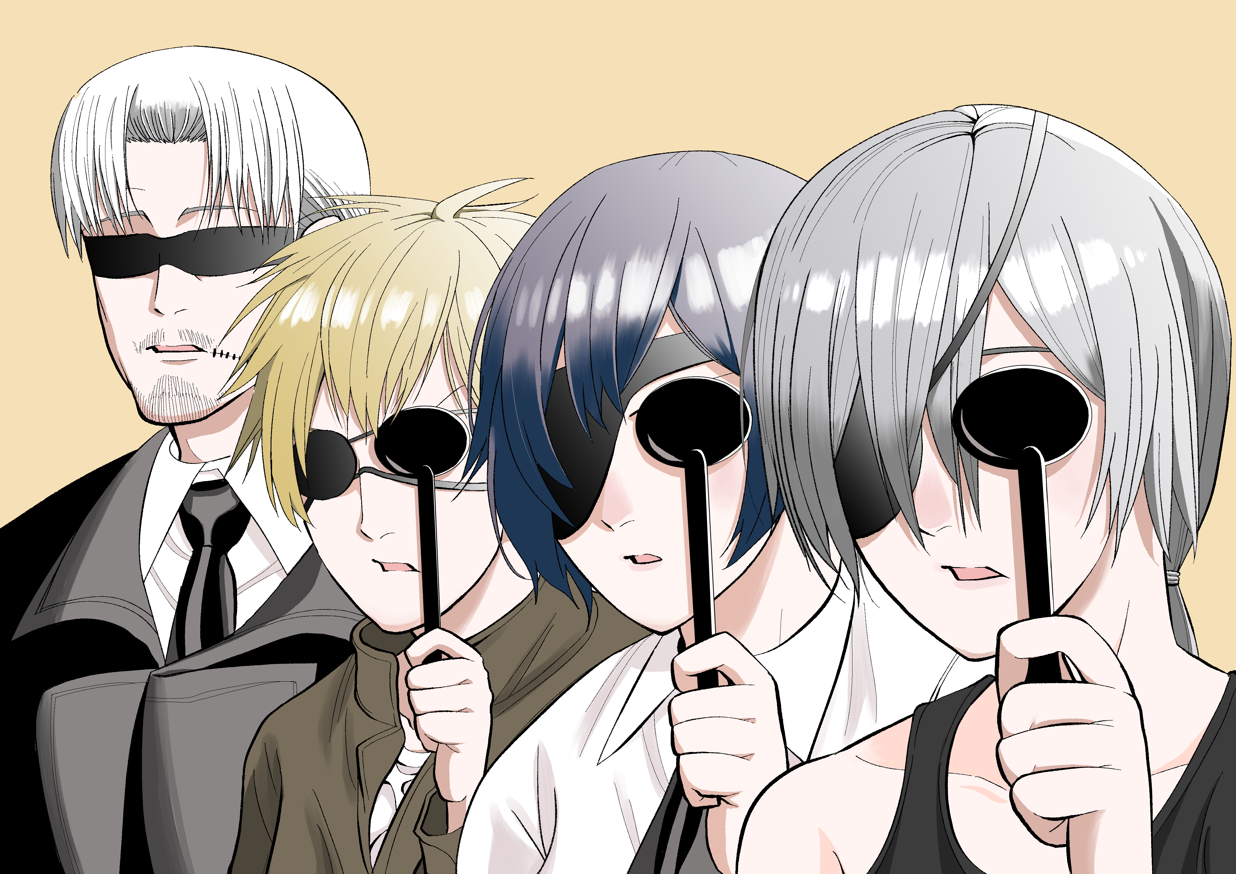 odadouma, denji (chainsaw man), himeno (chainsaw man), kishibe (chainsaw man), quanxi (chainsaw man), chainsaw man, absurdres, commentary, highres, 2boys, 2girls, aged down, beard, black coat, black hair, black necktie, blindfold, blonde hair, coat, collarbone, covered eyes, curtained hair, eyepatch, facial hair, forehead, grey hair, mature male, multiple boys, multiple girls, mustache, necktie, occluder, open mouth, shirt, simple background, stitched face, stitches, trait connection, upper body, vision test, white hair, white shirt, yellow background, you're doing it wrong