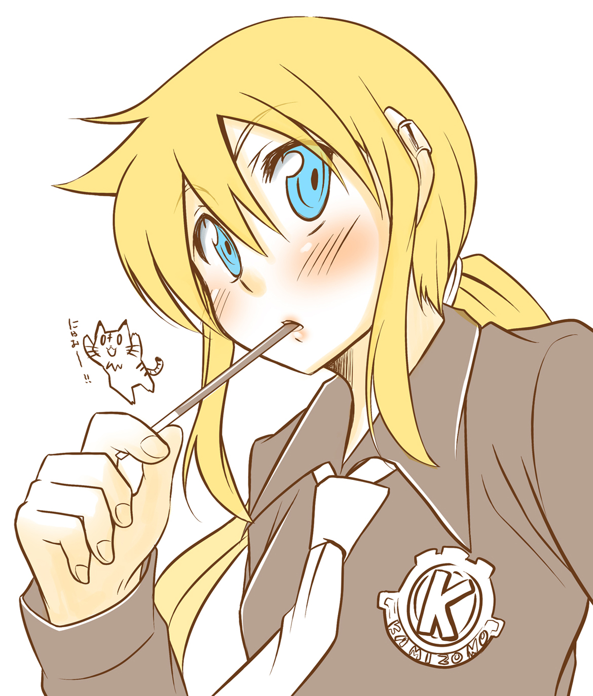 pikachi, kageyama torako, hyakko, highres, 00s, 1girl, blonde hair, blue eyes, blush, eating, female focus, food, necktie, pocky, school uniform, simple background, solo