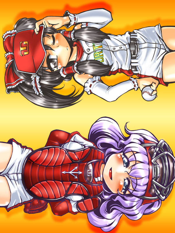 winn, hakurei reimu, letty whiterock, touhou, 2girls, ball, baseball, baseball (object), blush, female focus, hat, multiple girls