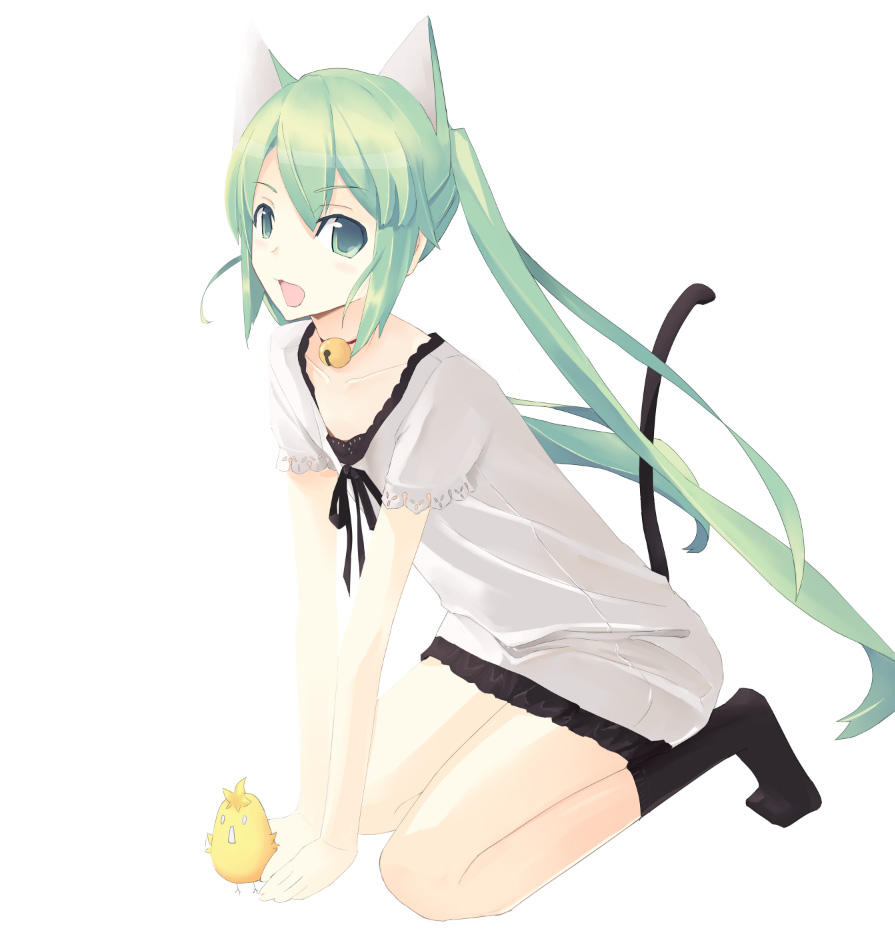 powhu, hatsune miku, kagamine len, vocaloid, world is mine (vocaloid), bad id, bad pixiv id, 1girl, animal ears, baby animal, bell, bird, cat ears, cat girl, cat tail, chick, female focus, full body, green eyes, green hair, matching hair/eyes, simple background, socks, solo, tail