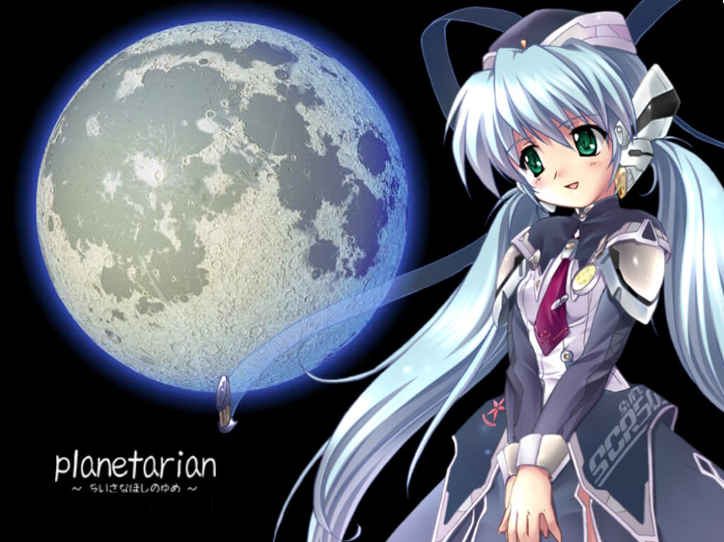 hoshino yumemi, planetarian, 00s, 1girl, blue hair, female focus, moon, outdoors, ribbon, sky, solo