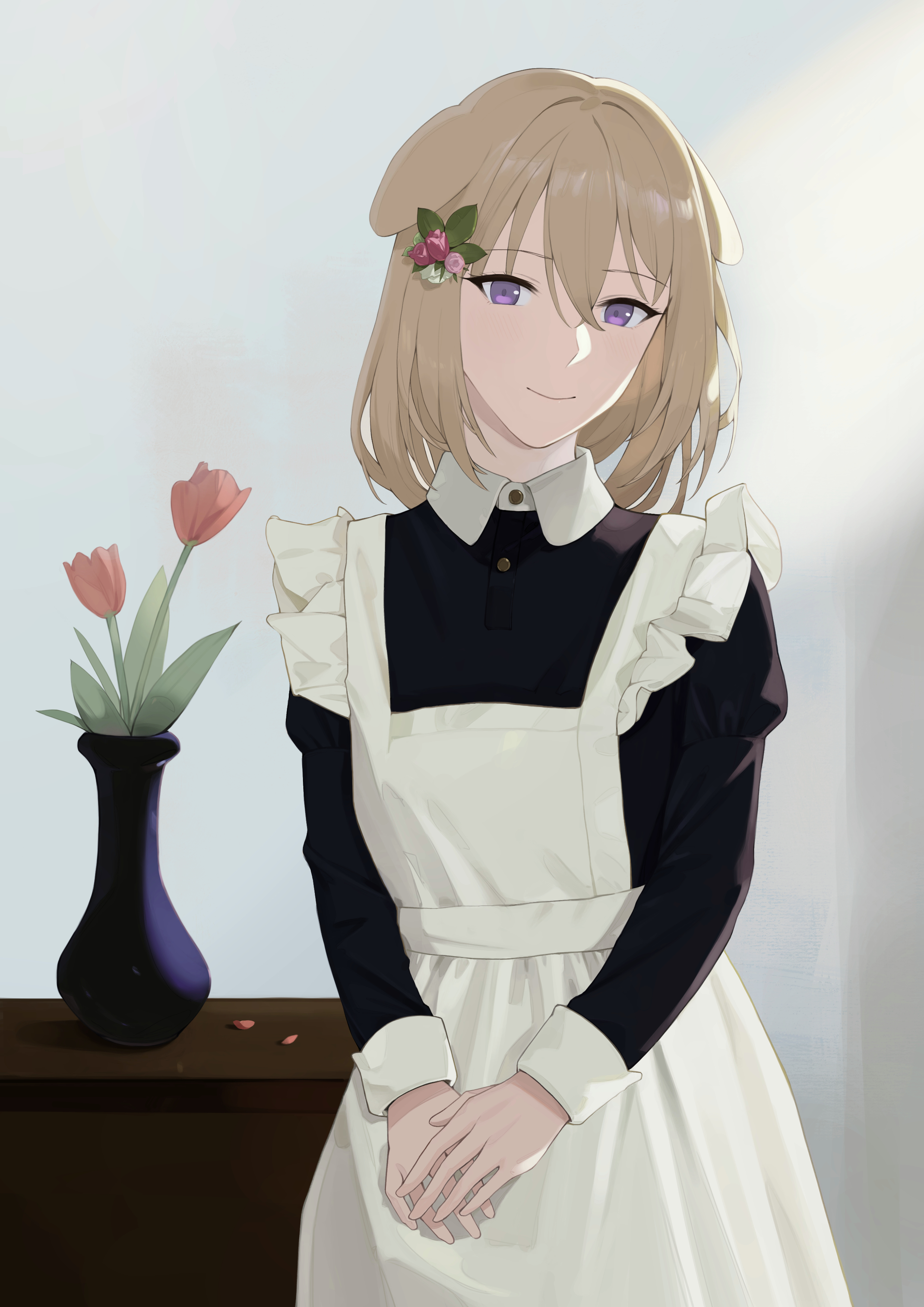 haizou bingsan, misumi uika, misumi uika (caged singer), arknights, bang dream!, bang dream! it's mygo!!!!!, absurdres, commentary, highres, 1girl, animal ears, apron, black dress, blonde hair, dog ears, dog girl, dress, flower, frilled apron, frills, hair between eyes, hair flower, hair ornament, long sleeves, looking at viewer, maid, medium hair, own hands together, purple eyes, solo, vase, white apron