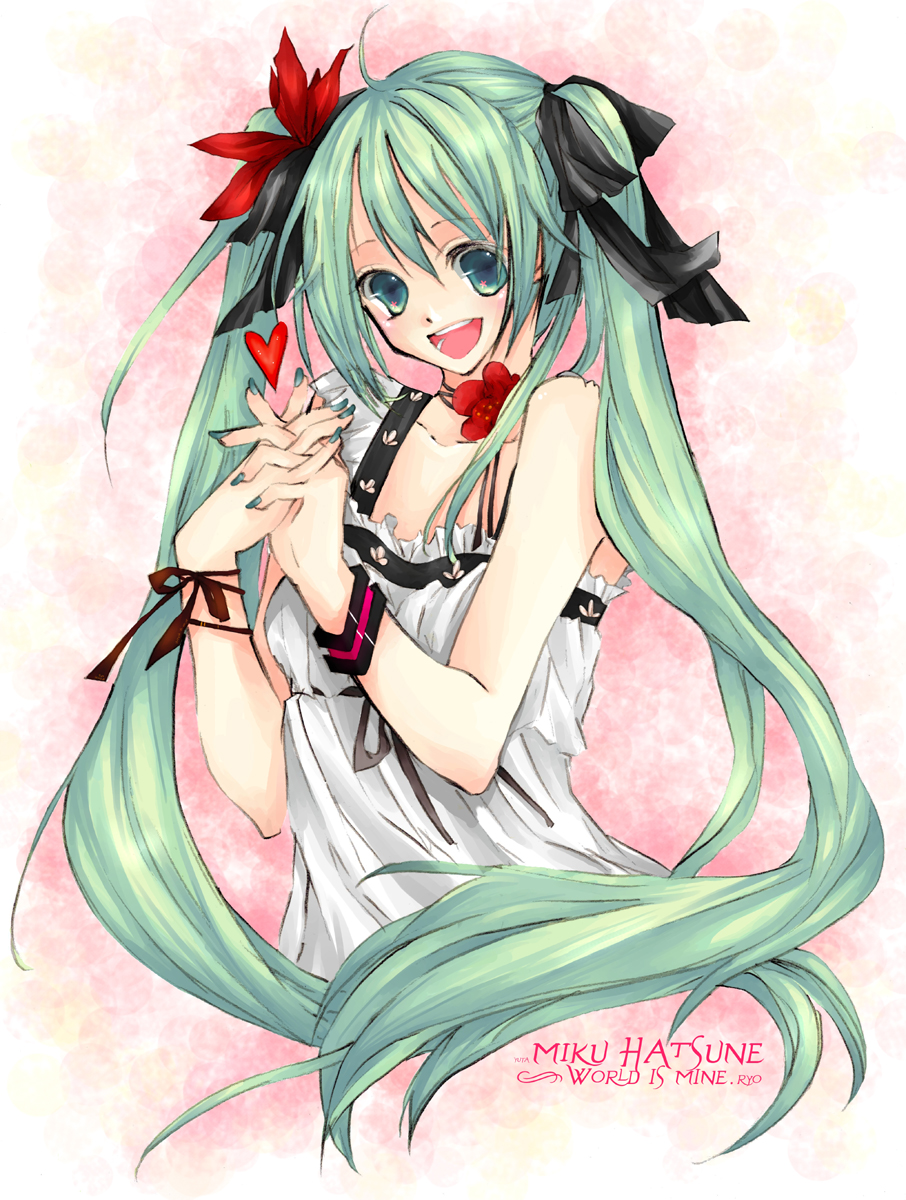 dalzzam, yuta, hatsune miku, vocaloid, world is mine (vocaloid), highres, 1girl, aqua eyes, female focus, green hair, hair ribbon, long hair, own hands clasped, own hands together, ribbon, solo, twintails, very long hair