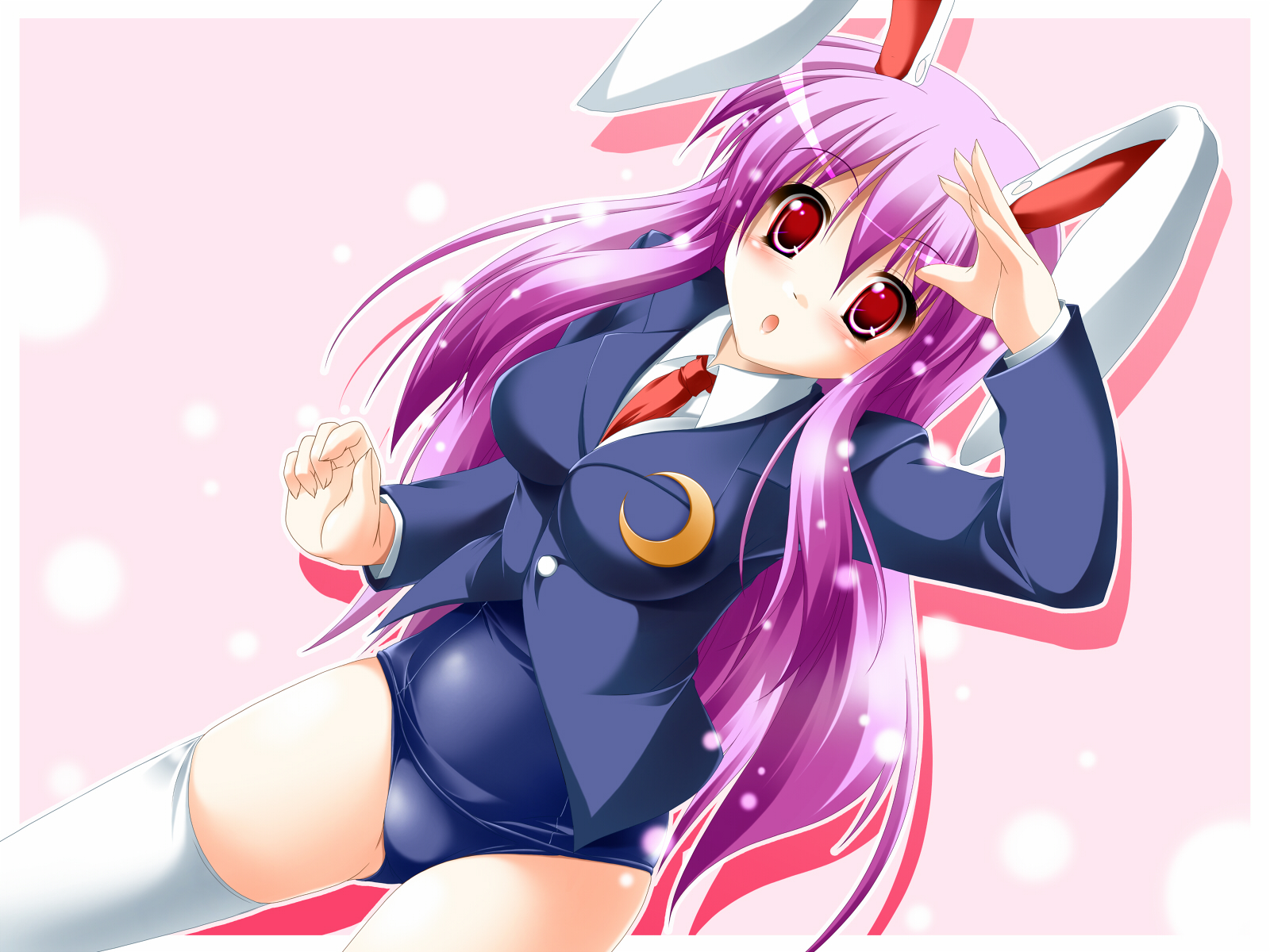 kamiya tomoe, reisen udongein inaba, touhou, highres, 1girl, animal ears, blush, female focus, long hair, necktie, no pants, one-piece swimsuit, purple hair, rabbit ears, red eyes, red necktie, school swimsuit, school uniform, solo, swimsuit, swimsuit under clothes, thighhighs
