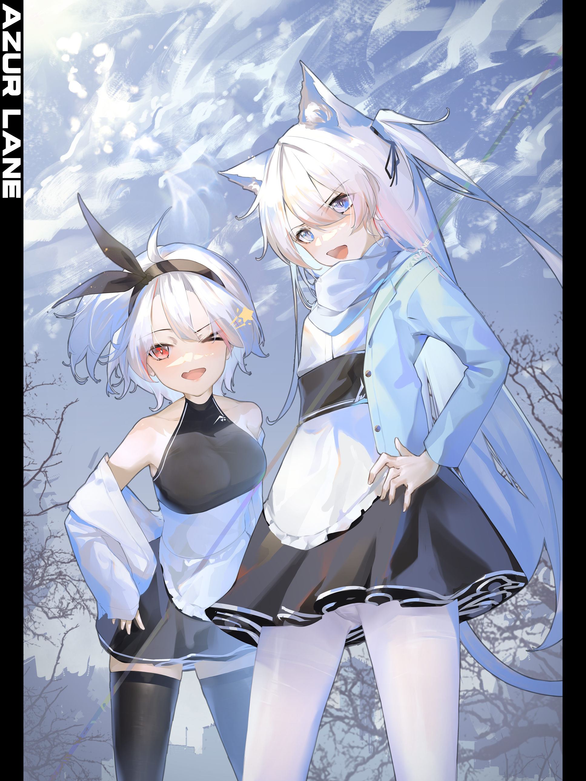 ka11 ca, hammann (azur lane), kent (azur lane), azur lane, absurdres, highres, > o, 2girls, alternate costume, animal ear fluff, apron, bare shoulders, black dress, black thighhighs, blue eyes, blue jacket, breasts, cowboy shot, dress, frilled apron, frills, hair between eyes, jacket, long hair, looking at viewer, medium breasts, multiple girls, one eye closed, outdoors, pantyhose, red eyes, shirt, star (symbol), thighhighs, very long hair, white apron, white pantyhose, white shirt, zettai ryouiki