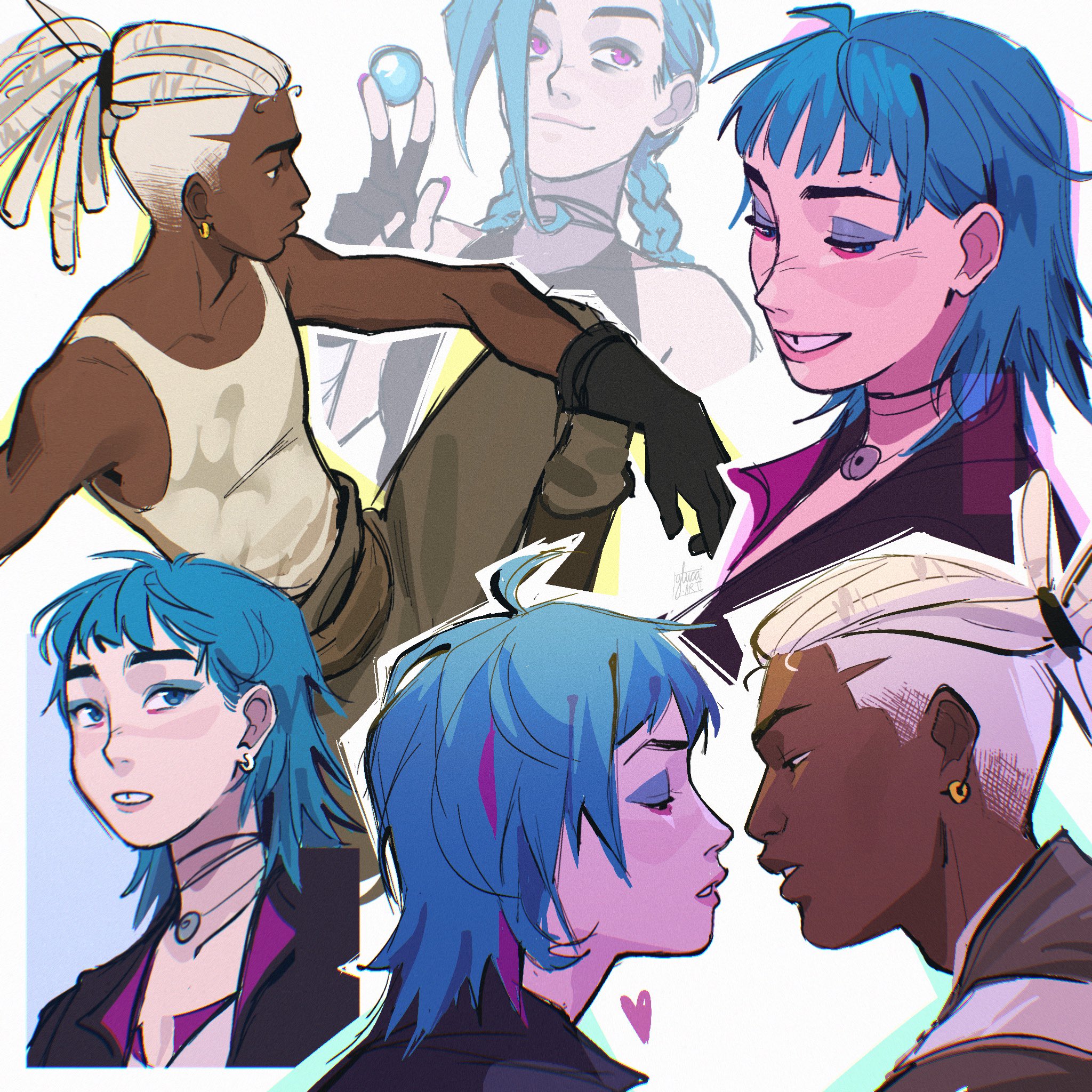 arcane jinx, ekko (league of legends), jinx (league of legends), powder (alternate timeline) (arcane), arcane: league of legends, league of legends, commentary, english commentary, highres, 2boys, 2girls, black gloves, blue eyes, blue eyeshadow, blue hair, braid, dark-skinned female, dark skin, dreadlocks, dual persona, earrings, ekko (alternate timeline) (arcane), eyeshadow, gloves, gluca, half-closed eyes, hetero, imminent kiss, interracial, jewelry, long hair, low twin braids, makeup, medium hair, multiple boys, multiple girls, pink eyes, ponytail, smile, tank top, tooth gap, twin braids, undercut, very dark skin, white hair, white tank top