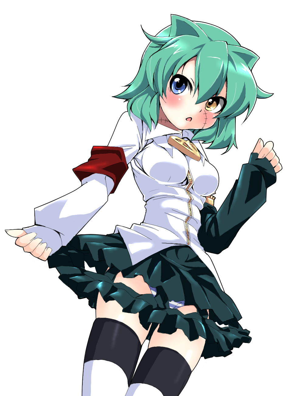 grune, emilia (nichoume rojiura tantei kitan), nichoume rojiura tantei kitan, bad id, bad pixiv id, highres, 1girl, animal ears, black thighhighs, blouse, blue panties, breasts, breasts apart, clothing cutout, collared shirt, cowboy shot, crotch cutout, female focus, green hair, hair between eyes, heterochromia, legs together, miniskirt, panties, pantyshot, parted bangs, patch, scar, scar across eye, scar on face, scar on neck, shirt, short hair, simple background, skirt, solo, standing, stitched neck, stitches, striped clothes, striped panties, striped thighhighs, thighhighs, underwear, upskirt, white background, white shirt, white thighhighs