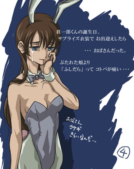 cloritin, yuasa hiromi, true tears, translation request, 00s, animal ears, blue eyes, brown hair, fake animal ears, long hair, pantyhose, playboy bunny, rabbit ears, solo, tears