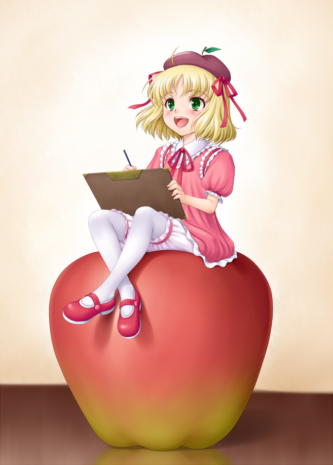 amane (funfun), funfun, original, 1girl, apple, beret, blonde hair, bloomers, crossed legs, drawing (action), female focus, food, food-themed clothes, fruit, green eyes, hat, mary janes, mini person, minigirl, pantyhose, shoes, short hair, sitting, solo, underwear