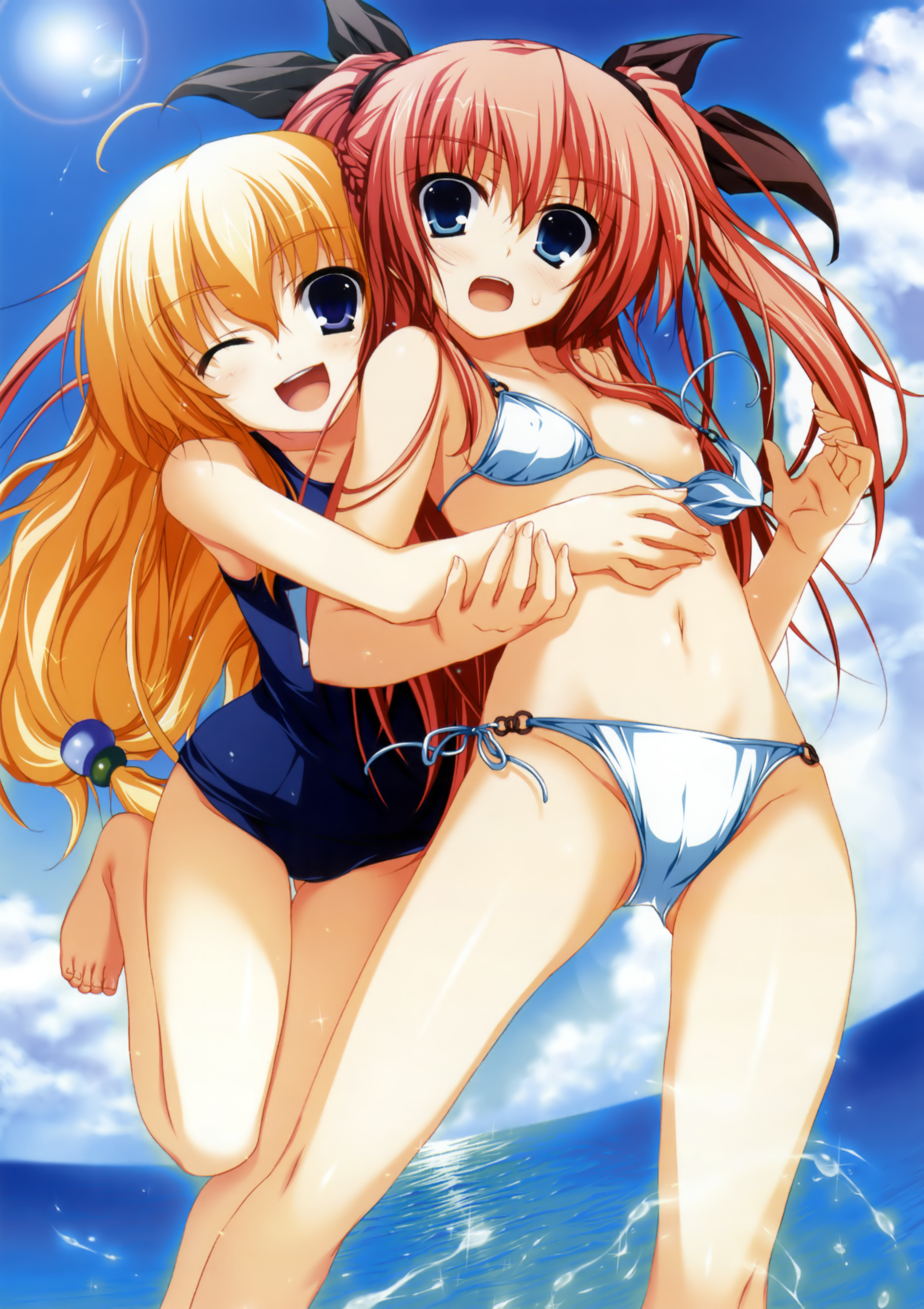 tomose shunsaku, kurayashiki tae, nikaidou reika, akatsuki no goei, absurdres, highres, 2girls, bikini, blonde hair, blue eyes, blush, breast slip, breasts, cameltoe, cleavage, day, hug, long hair, medium breasts, multiple girls, navel, nipples, one-piece swimsuit, one breast out, one eye closed, red hair, ribbon, school swimsuit, swimsuit, twintails, two side up, wardrobe malfunction, water, wink