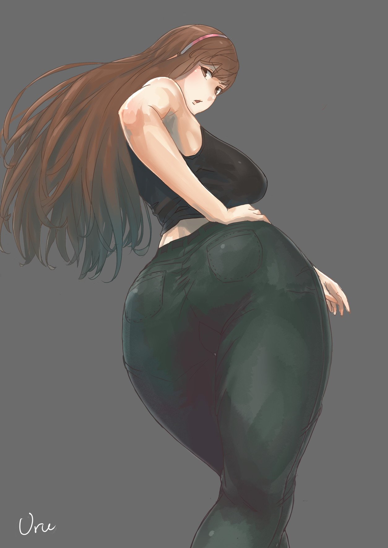 uru (uru0000), hitomi (doa), dead or alive, highres, ass, black tank top, breasts, brown eyes, brown hair, denim, green pants, hairband, hand on own hip, jeans, large breasts, long hair, looking at viewer, midriff, open mouth, pants, pink hairband, sidelocks, tank top