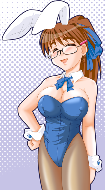 kimoto rai, animal ears, brown hair, closed eyes, fake animal ears, glasses, long hair, pantyhose, playboy bunny, ponytail, rabbit ears, solo