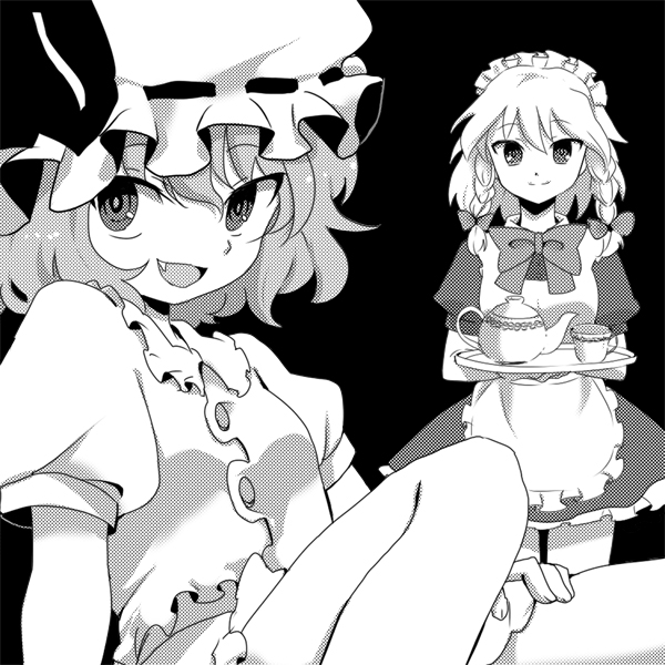 ica, ika (artist), izayoi sakuya, remilia scarlet, touhou, bad id, bad pixiv id, 2girls, female focus, greyscale, hairband, hat, maid, monochrome, multiple girls, ribbon, short hair, simple background, tea