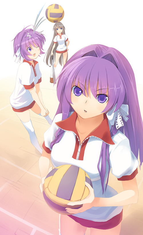 hisagi hotaru, fujibayashi kyou, fujibayashi ryou, sakagami tomoyo, clannad, bad id, bad pixiv id, 00s, 3girls, accident, ball, baseball bat, brown hair, buruma, gym uniform, long hair, multiple girls, one eye closed, open mouth, purple eyes, purple hair, short hair, siblings, sisters, socks, standing, thighhighs, twins, very long hair, volleyball, volleyball (object), wink, zipper