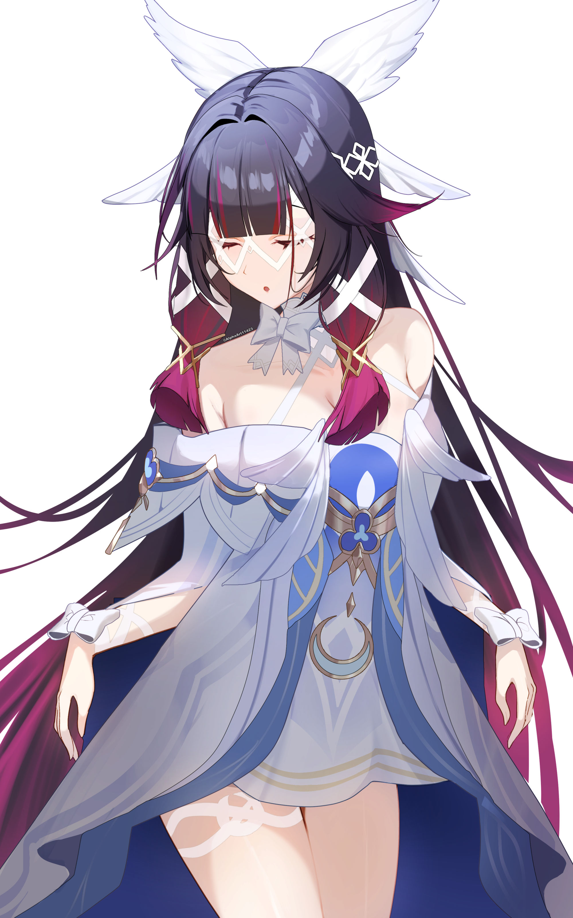 alphaart, columbina (genshin impact), genshin impact, absurdres, commentary, highres, 1girl, :o, bare shoulders, black hair, bow, breasts, cleavage, closed eyes, collarbone, cowboy shot, dress, eye mask, gradient hair, hair ornament, long hair, medium breasts, multicolored hair, off-shoulder dress, off shoulder, open mouth, purple hair, simple background, solo, thighs, twitter username, very long hair, white background, white bow, white dress, wing hair ornament