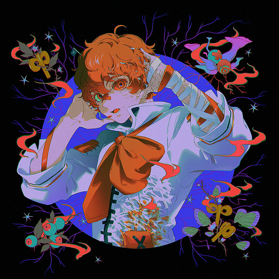 asertr, fukase, vocaloid, 1boy, arm ribbon, bandaged arm, bandages, bandaid, bandaid on face, bandaid on nose, burn scar, butterfly wings, circle, coat, colored sclera, eyeball, hair between eyes, hands on own head, headset, insect wings, leaf, looking at viewer, male focus, necktie, open mouth, plant roots, red eyes, red hair, red necktie, red ribbon, red sclera, ribbon, scar, short hair, solo, white coat, winding key, wings