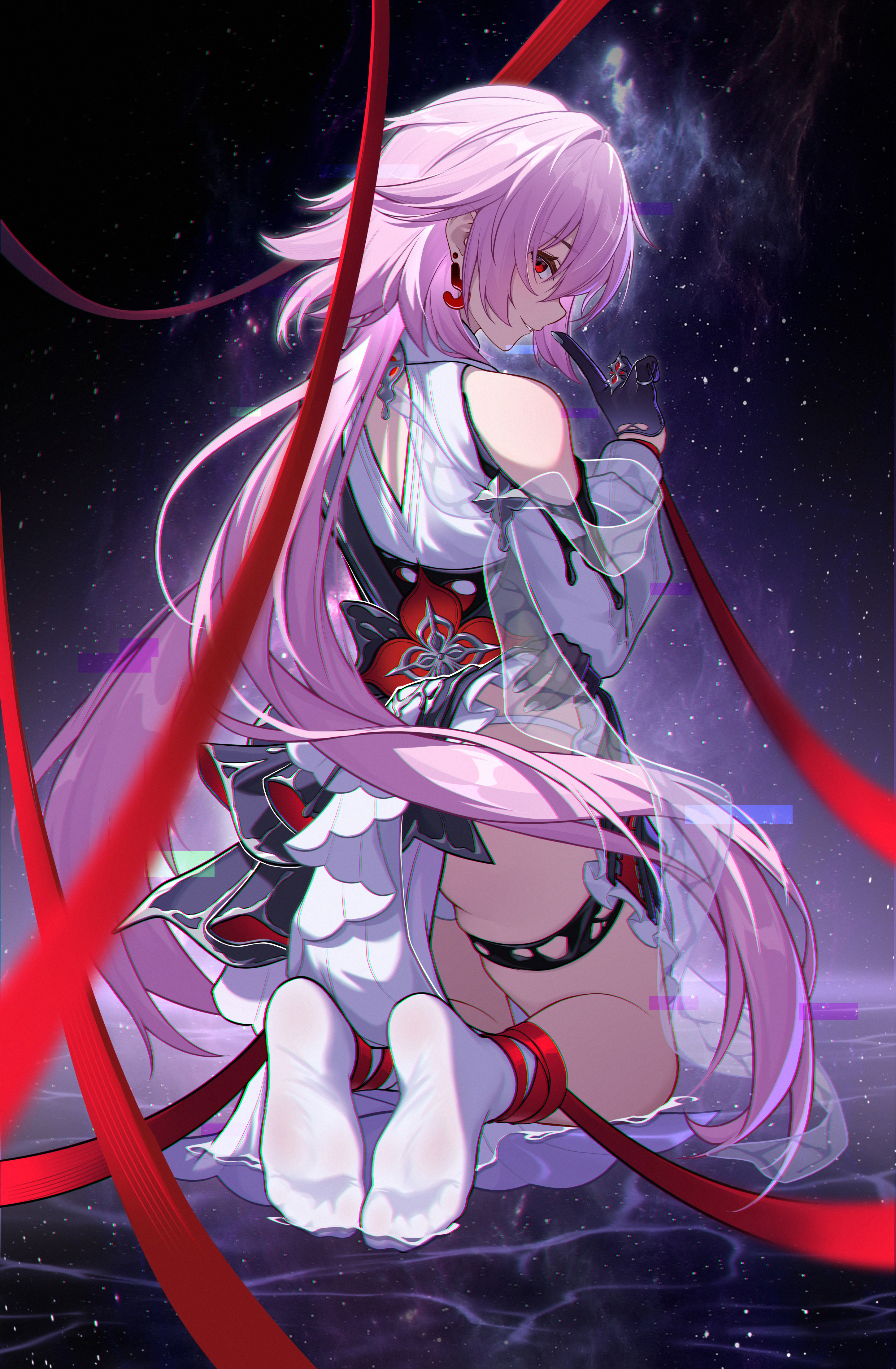 binghaiankang, evernight (honkai: star rail), march 7th (honkai: star rail), honkai: star rail, honkai (series), absurdres, chinese commentary, commentary request, highres, 1girl, ass, bare shoulders, black dress, clothes lift, dress, dress lift, earrings, finger to mouth, from behind, index finger raised, jewelry, kneeling, kneeling on liquid, long hair, looking at viewer, no shoes, parted lips, pink hair, profile, red eyes, shushing, sideways glance, smile, socks, soles, solo, thighlet, thighs, toes, very long hair, white socks