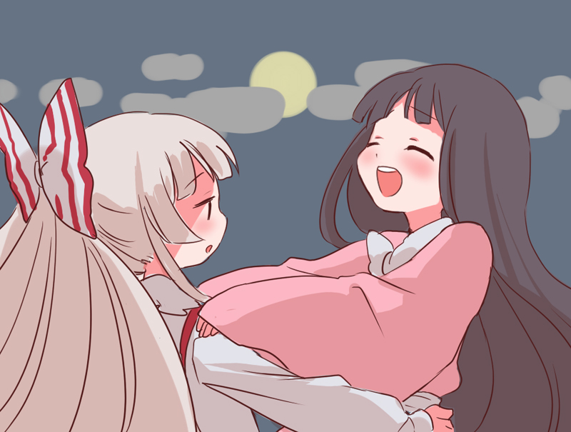 ica, ika (artist), fujiwara no mokou, houraisan kaguya, touhou, silver hair, bad id, bad pixiv id, 2girls, :d, black hair, blush, closed eyes, female focus, full moon, hug, long hair, long sleeves, moon, multiple girls, open mouth, ribbon, sleeves past wrists, smile, wide sleeves
