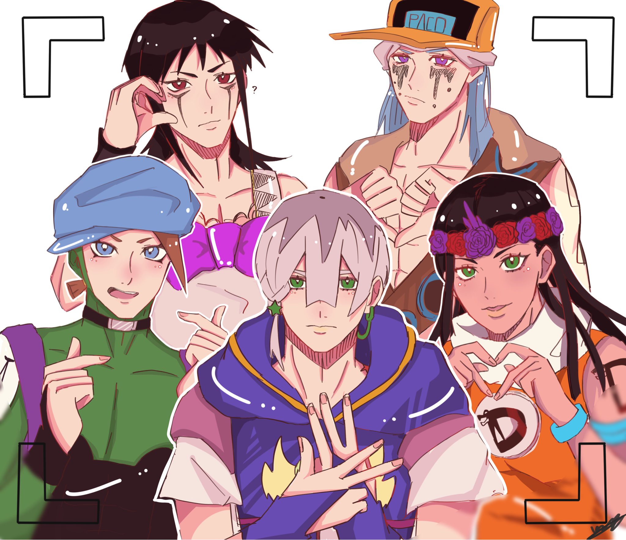 r rist, dragona joestar, jodio joestar, paco laburantes, usagi aloha'oe, jojo no kimyou na bouken, the jojolands, commentary request, highres, 4boys, arm tattoo, baseball cap, black bridal gauntlets, black choker, black hair, blue bridal gauntlets, blue eyes, blue hair, blue hat, blue overalls, bodysuit, bow, braid, bridal gauntlets, brown eyes, brown hair, charming man, choker, closed mouth, dark-skinned female, dark skin, dreadlocks, earrings, facepaint, facial mark, finger heart, flower wreath, green bodysuit, green eyes, grey hair, grey shirt, hair between eyes, hair ornament, hands on own chest, hat, head wreath, heart, heart hands, hood, hood down, hooded overalls, jewelry, jumpsuit, long bangs, long hair, looking at viewer, male focus, medium hair, multicolored hair, multiple boys, necklace, open mouth, orange hat, orange jumpsuit, overalls, purple bow, purple eyes, shirt, short hair, side braid, sleeveless jumpsuit, smile, star (symbol), star hair ornament, tattoo, two-tone hair, viewfinder, white background, white overalls, wristband