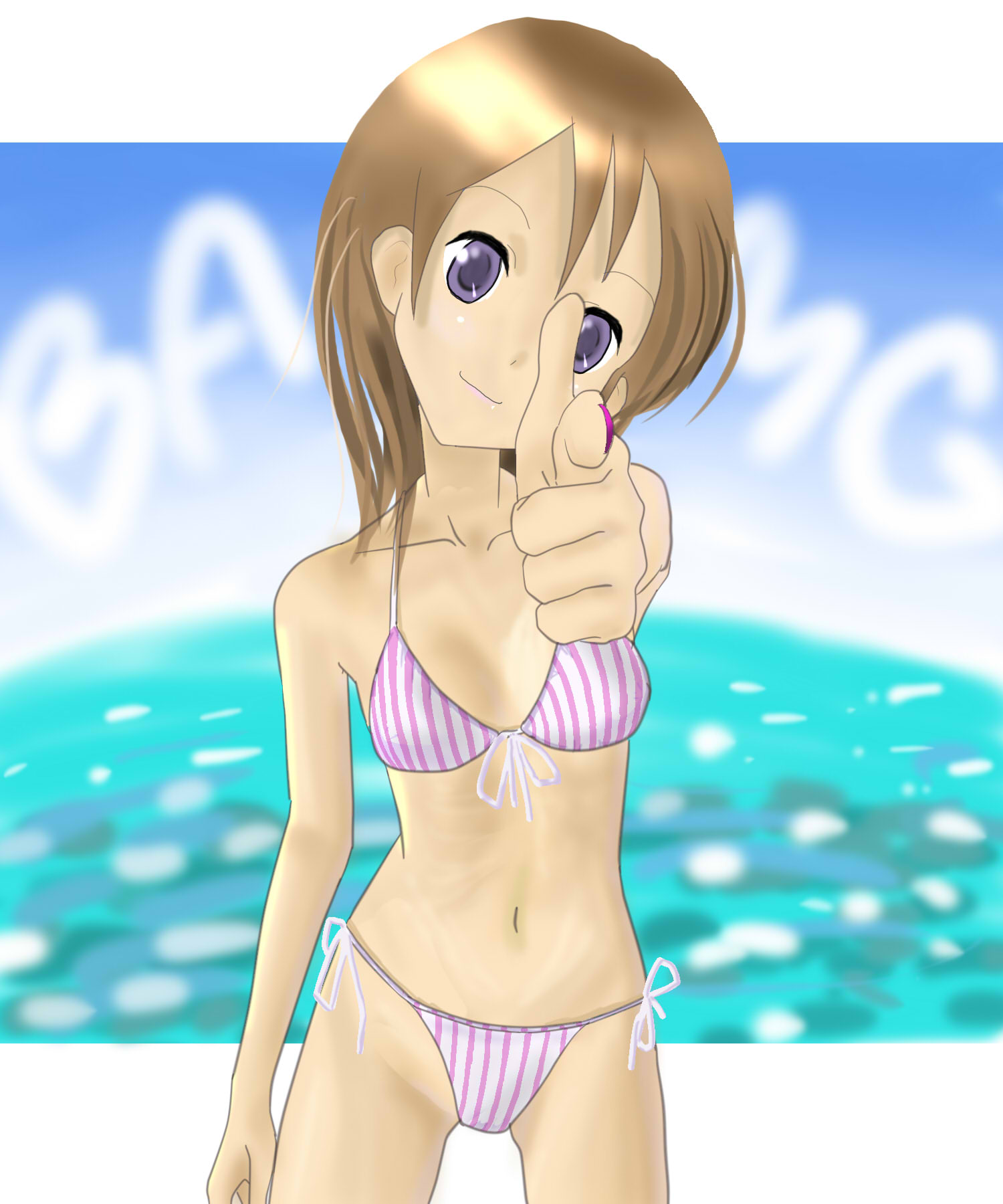 naname, naname (nanameue), original, highres, 1girl, bikini, blue eyes, brown hair, female focus, finger gun, pointing, short hair, solo, swimsuit