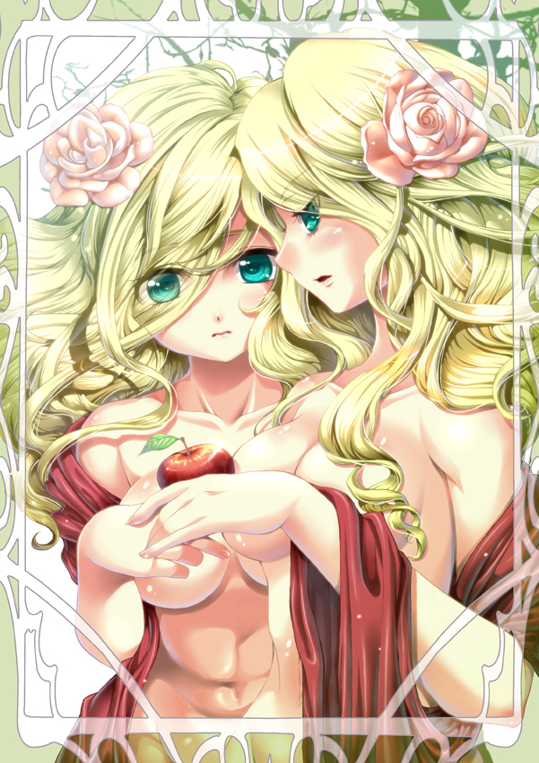 shuuko, original, 2girls, apple, blonde hair, breasts, flower, food, fruit, green eyes, hair flower, hair ornament, large breasts, long hair, multiple girls, siblings, sisters, twins