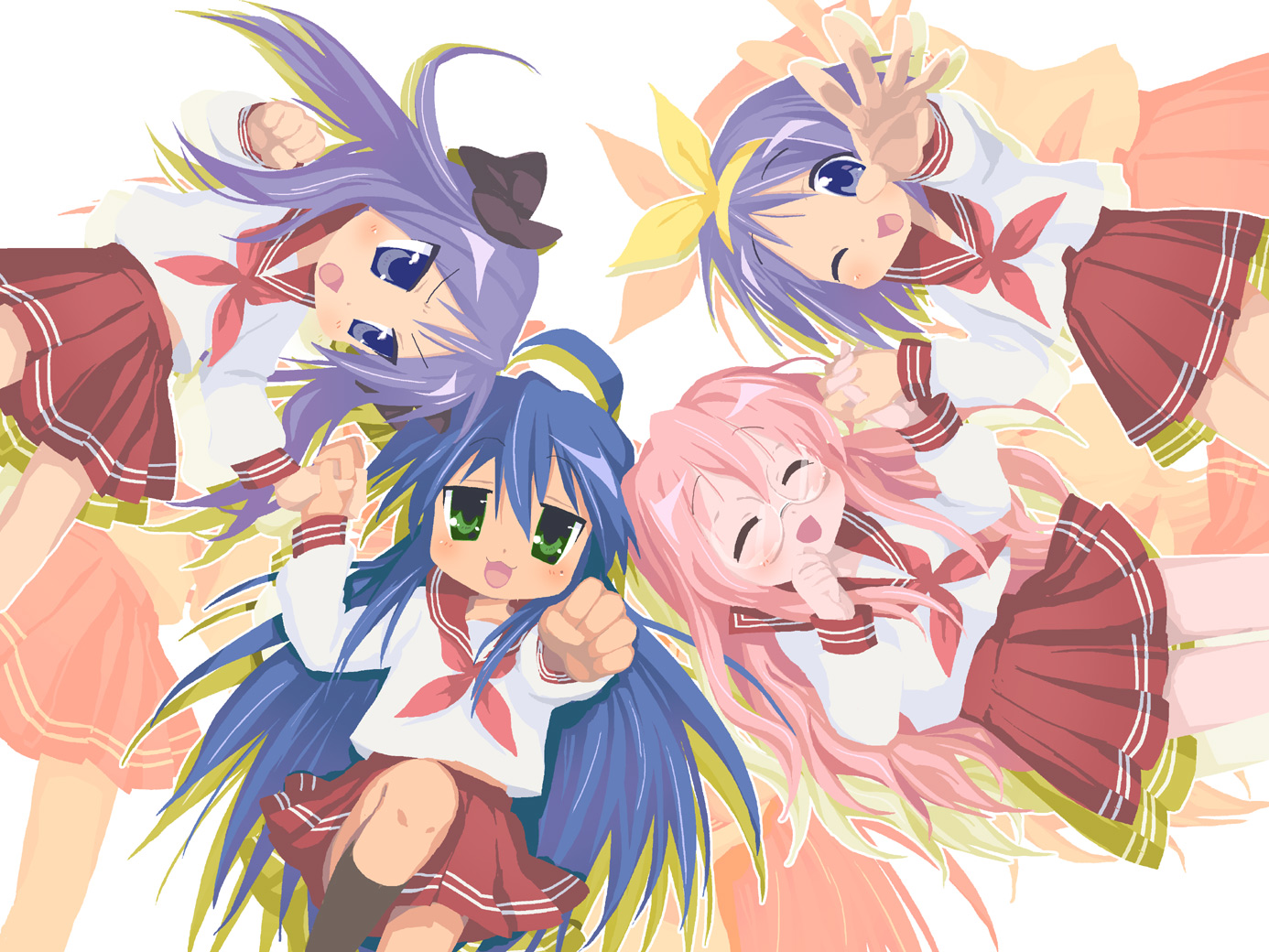 hiiragi kagami, hiiragi tsukasa, izumi konata, takara miyuki, lucky star, bad id, bad pixiv id, 00s, 4girls, ahoge, glasses, lying, multiple girls, school uniform, serafuku, siblings, sisters, twins