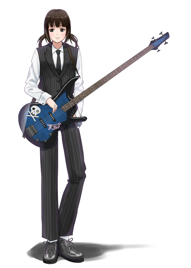 nagareboshi, original, 1girl, bass guitar, brown eyes, brown hair, female focus, formal clothes, full body, instrument, necktie, pinstripe pattern, pinstripe suit, shirt, solo, standing, striped necktie, suit, twintails, vest, waistcoat, white shirt