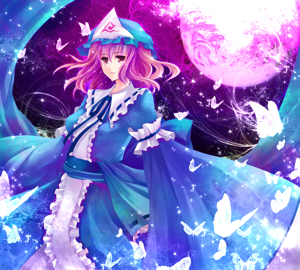 hagiwara rin, saigyouji yuyuko, touhou, bad id, bad pixiv id, 1girl, bug, butterfly, dress, female focus, hat, outdoors, pink hair, red eyes, short hair, sky, solo, tears