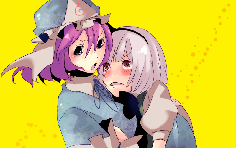 zen (pixiv), zen (raspberry), konpaku youmu, saigyouji yuyuko, touhou, silver hair, 2girls, blue eyes, blush, female focus, hat, hug, multiple girls, pink hair, red eyes, ribbon, short hair, upper body