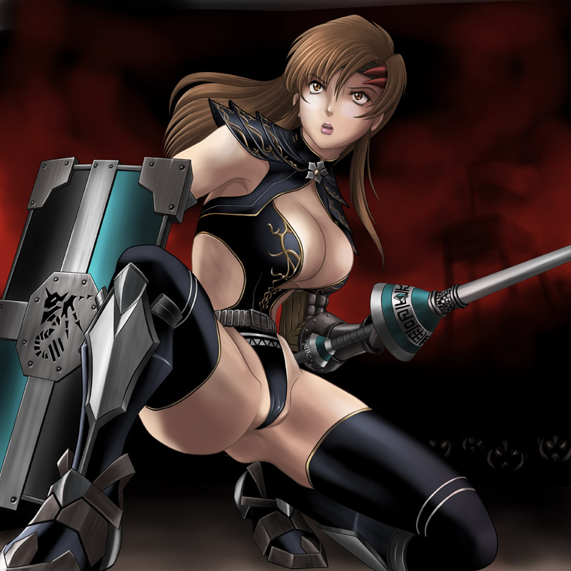 wancozow, capcom, monster hunter (series), monster hunter frontier, looking away, bad id, bad pixiv id, 1girl, :o, armor, belt, black thighhighs, boots, breasts, brown eyes, brown hair, cameltoe, cleavage, cleavage cutout, clothing cutout, cloud, dark, female focus, flower, hair ornament, hairclip, highleg, highleg leotard, knee boots, kneeling, lance, large breasts, leotard, lipstick, long hair, makeup, midriff, no bra, noir (armor), on one knee, open mouth, outdoors, parted bangs, partially visible vulva, polearm, shield, side slit, sky, solo, spear, spread legs, squatting, surprised, sword, thighhighs, turtleneck, weapon, wedgie