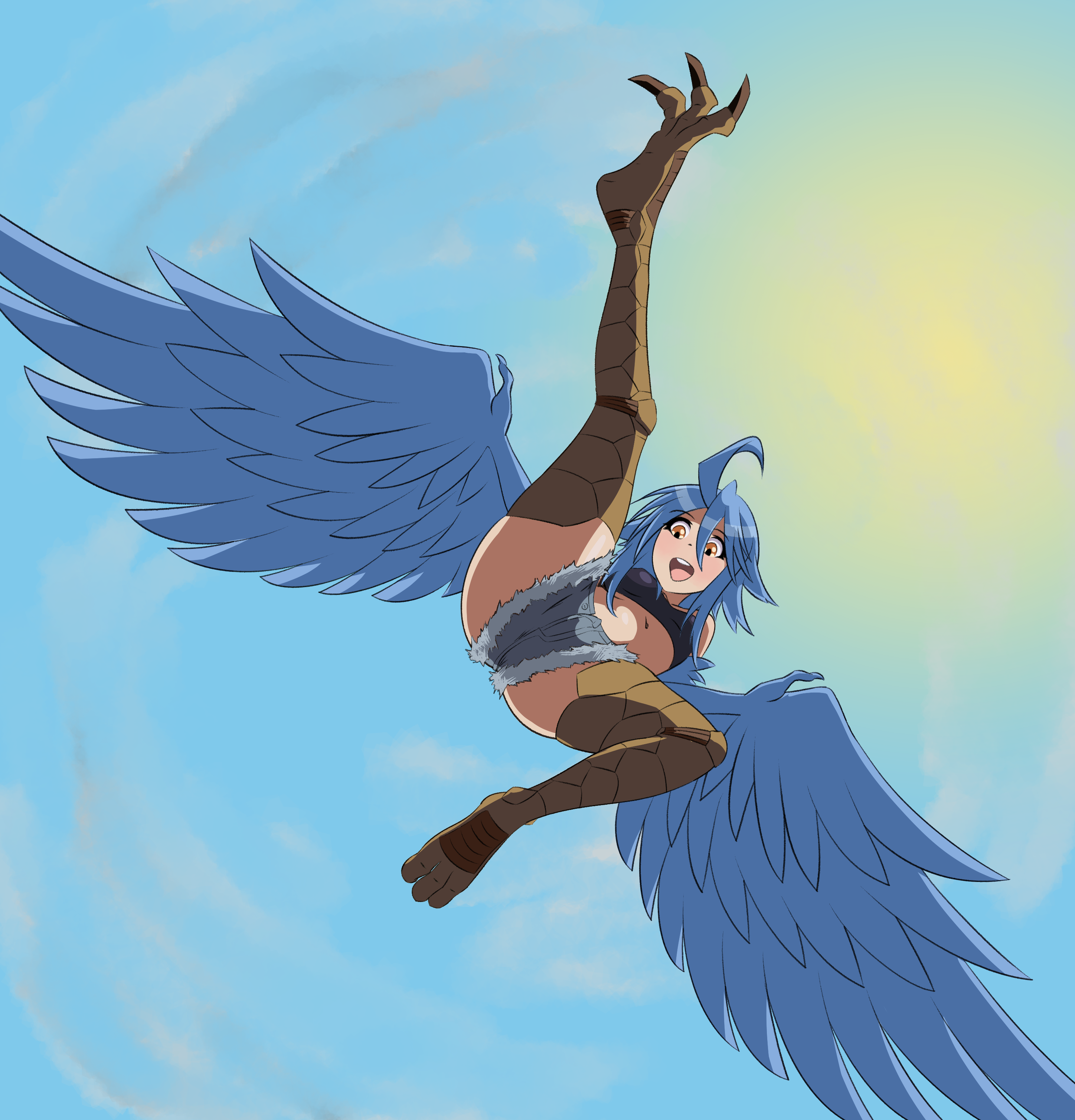 wolffsteel, papi (monster musume), monster musume no iru nichijou, absurdres, commentary, english commentary, highres, 1girl, ahoge, bandeau, bird legs, black bandeau, blue feathers, blue hair, blue wings, blush, breasts, claws, cutoffs, denim, denim shorts, digitigrade, feathered wings, feathers, flying, hair between eyes, harpy, monster girl, navel, open mouth, scales, short hair, shorts, sky, small breasts, solo, sun, talons, teeth, upper teeth only, winged arms, wings, yellow eyes