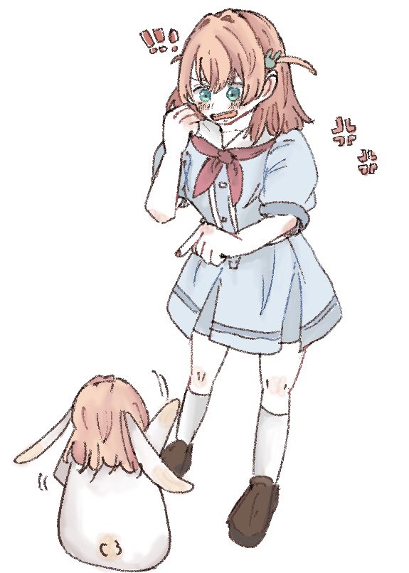 mochi (mamelive228), hinoshita kaho, link! like! love live!, love live!, !, !!, 1girl, anger vein, animalization, aqua eyes, blue dress, brown shoes, dress, dual persona, full body, hair ornament, hasu no sora school uniform, kneehighs, looking at animal, lop rabbit, medium hair, open mouth, orange hair, person and animalization, pleated dress, pointing at animal, rabbit, rabbit hair ornament, sailor collar, sailor dress, school uniform, shoes, short dress, simple background, socks, summer uniform, teeth, two side up, upper teeth only, v-shaped eyebrows, virtual youtuber, white background, white sailor collar, white socks