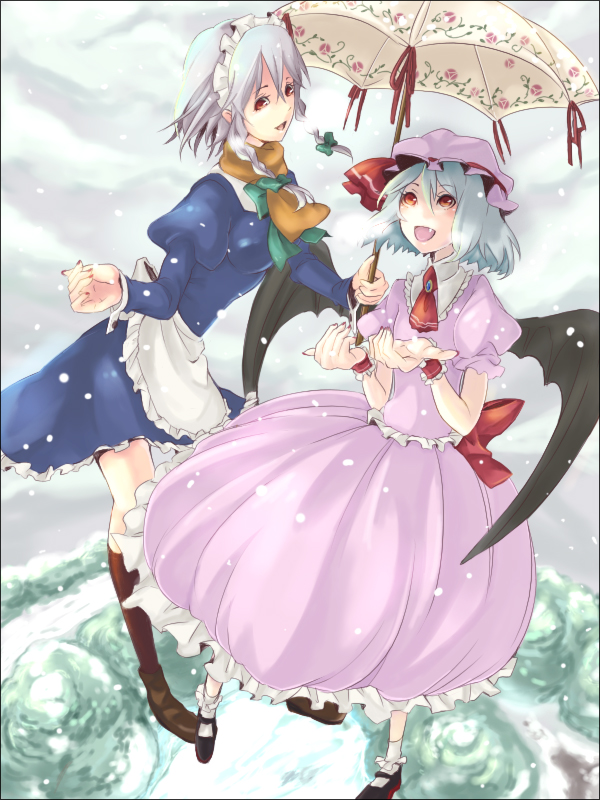 zen (pixiv), zen (raspberry), izayoi sakuya, remilia scarlet, perfect cherry blossom, touhou, silver hair, 2girls, bat wings, blue hair, breasts, dress, female focus, hairband, hat, maid, multiple girls, nature, outdoors, plant, red eyes, ribbon, short hair, skirt, sky, snow, umbrella, wings, winter