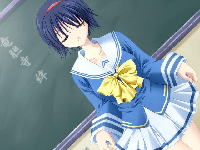 rindouji kizuna, like life, game cg, 1girl, blue hair, bow, chalkboard, closed eyes, curtsey, dutch angle, female focus, hairband, school uniform, short hair, skirt hold, solo, yellow bow