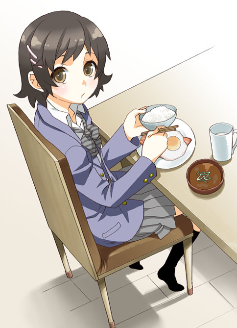 mattaku mousuke, original, 1girl, :t, black hair, black socks, blazer, bowl, chair, chopsticks, cup, eating, egg, female focus, hair ornament, hairclip, jacket, kneehighs, looking at viewer, mug, rice, rice bowl, school uniform, short hair, sitting, skirt, socks, solo, table