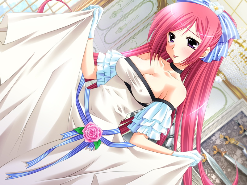 araiguma, scarlet (kkp), kyou kara prince, game cg, non-web source, 1girl, choker, clothes lift, curtsey, dress, dress lift, dutch angle, female focus, gloves, gown, long hair, pink hair, purple eyes, skirt hold, solo