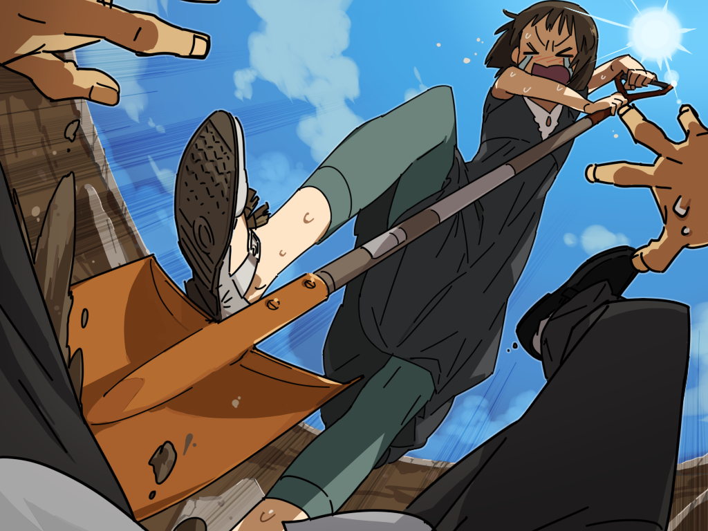 okazu-p (kushino-okazu), hagiwara yukiho, idolmaster, idolmaster (classic), commentary request, > <, 1boy, 1girl, black dress, black pants, blue sky, blush, brown hair, burying alive, cloud, crying, day, digging, dress, feet, foot out of frame, foreshortening, from below, green leggings, holding, holding shovel, leggings, nose blush, open mouth, outdoors, pants, pov, pov hands, pov legs, sandals, short hair, shovel, sky, sleeveless, sleeveless dress, streaming tears, sun, sweat, tears, v-shaped eyebrows, white sandals