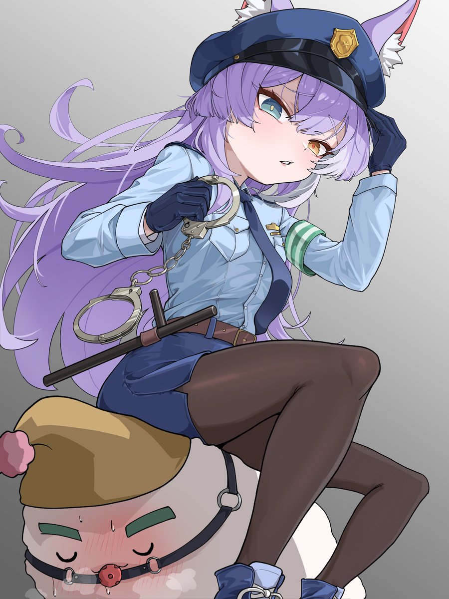 tenko shibuki, stellive, highres, animal ears, armband, bam ya, black pantyhose, blue gloves, blue necktie, blue shirt, blue skirt, fox ears, fox girl, gloves, green armband, grey background, long hair, looking at viewer, necktie, pantyhose, police, police uniform, policewoman, purple hair, shirt, skirt, two-tone armband, virtual youtuber, white armband