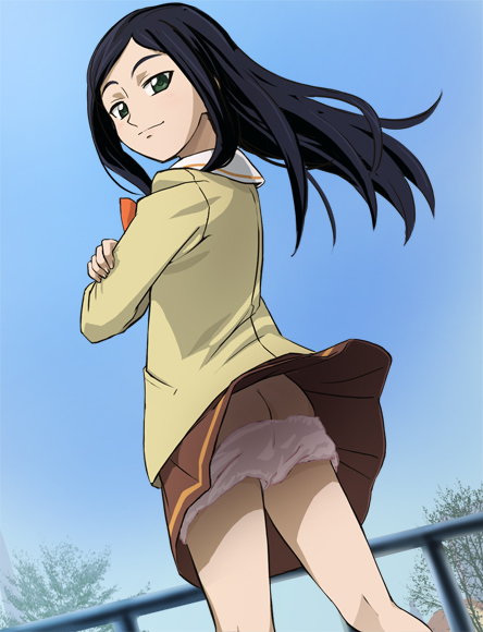 haruyama kazunori, naha midori, telepathy shoujo ran, 00s, 1girl, ass, black eyes, black hair, clothes lift, female focus, green eyes, panties, panty pull, school uniform, skirt, skirt lift, solo, underwear, wind, wind lift
