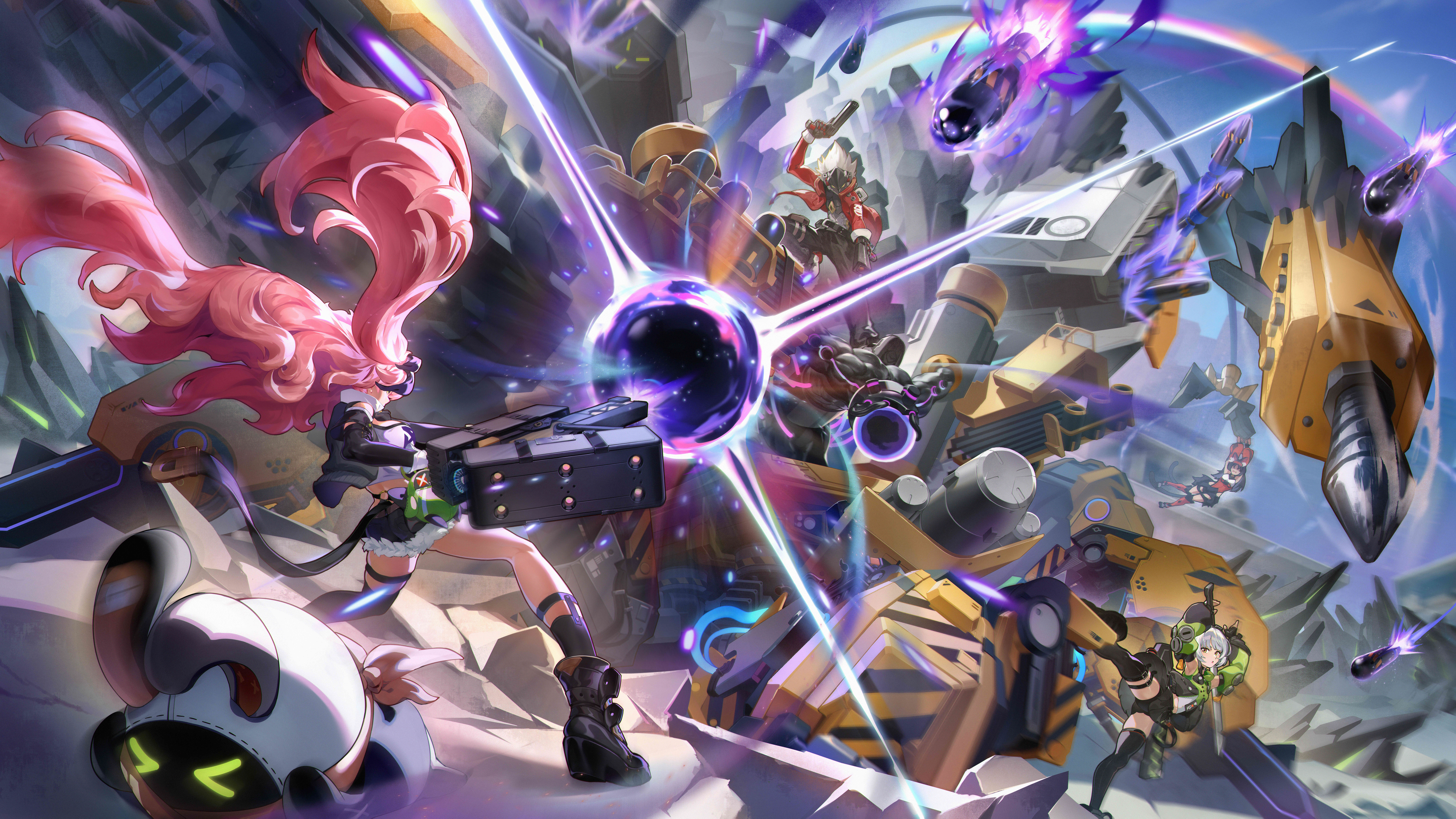 qian fan kui, anby demara, bangboo (zenless zone zero), billy kid, eous (zenless zone zero), ethereal (zenless zone zero), nekomiya mana, nicole demara, zenless zone zero, absurdres, highres, 1boy, 1other, 3girls, animal ear fluff, animal ears, armpits, belt, belted skirt, black boots, black pants, black ribbon, black shorts, black thighhighs, boots, breasts, briefcase, burger, cat ears, cat girl, cat tail, clothing cutout, corset, crop top, cutoffs, cyborg, drill, dual wielding, earrings, fingerless gloves, firing, food, from behind, giant, giant monster, gloves, green jacket, green sleeves, grey hair, gun, hair ornament, hair ribbon, hairband, hairclip, headphones, heart, heart earrings, hiding, hiding behind another, holding, holding behind back, holding gun, holding weapon, holding weapon behind back, hollow (zenless zone zero), humanoid robot, jacket, jewelry, long hair, lying, mechanical tail, micro shorts, multicolored sleeves, multiple girls, on stomach, open mouth, orange eyes, pants, pink hair, pouch, red corset, red hairband, red jacket, red sleeves, ribbon, robot, robot boy, ruins, shorts, shoulder cutout, single thighhigh, sleeveless, sleeveless jacket, spiked hair, spiked jacket, spread legs, strapless, tail, thigh pouch, thighhighs, tube top, twintails, two side up, weapon, white hair, white tube top