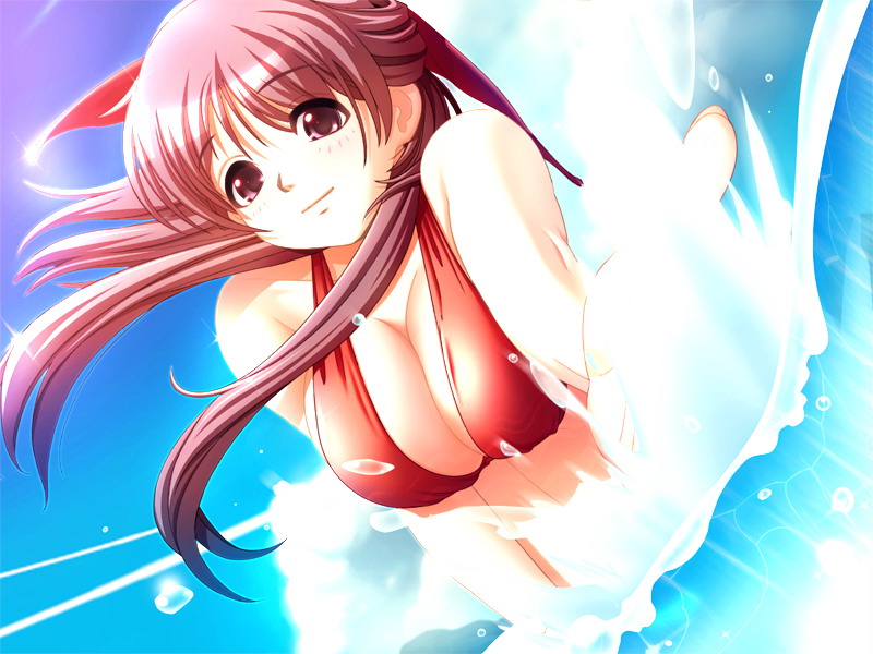 hiide, yotsunoha, game cg, non-web source, 00s, 1girl, aqua eyes, bikini, breasts, cleavage, day, dutch angle, female focus, hair ribbon, large breasts, long hair, red bikini, red eyes, red hair, ribbon, sky, smile, solo, splashing, swimsuit, water, waves