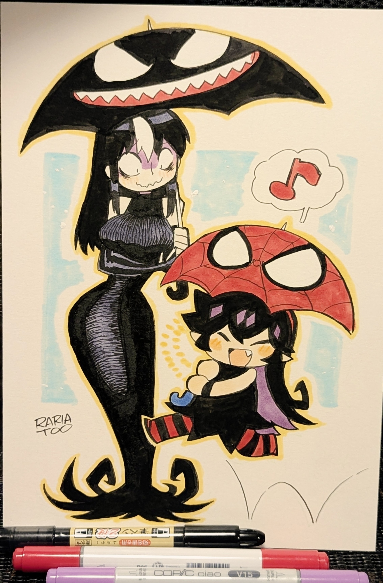 rariatto (ganguri), noss (rariatto), spider-man, venom (marvel), zakuro (rariatto), marvel, noss & zakuro, spider-man (series), commentary, highres, symbol-only commentary, traditional media, 2girls, art tools in frame, artist name, bags under eyes, black dress, black hair, blush stickers, breasts, closed mouth, dress, fang, large breasts, long dress, long hair, looking at another, multiple girls, musical note, open mouth, pantyhose, pointy ears, red pantyhose, sidelocks, spoken musical note, striped clothes, striped pantyhose, umbrella, wavy mouth